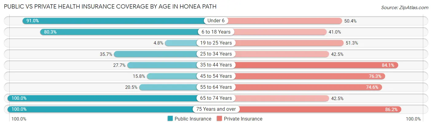 Public vs Private Health Insurance Coverage by Age in Honea Path