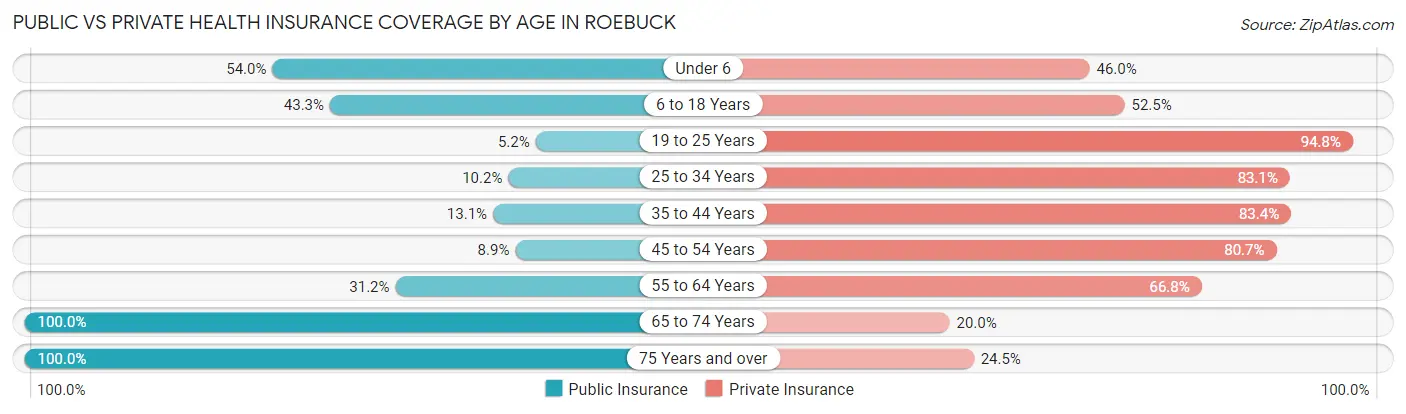 Public vs Private Health Insurance Coverage by Age in Roebuck