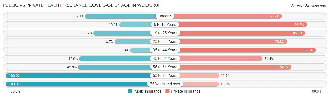 Public vs Private Health Insurance Coverage by Age in Woodruff