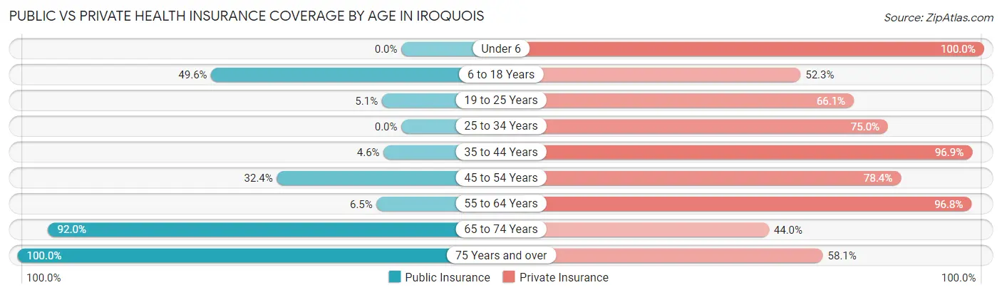 Public vs Private Health Insurance Coverage by Age in Iroquois