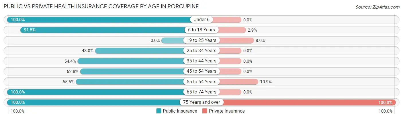 Public vs Private Health Insurance Coverage by Age in Porcupine