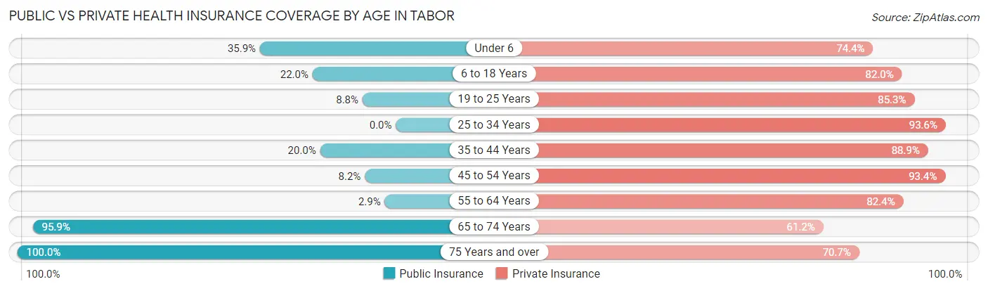 Public vs Private Health Insurance Coverage by Age in Tabor