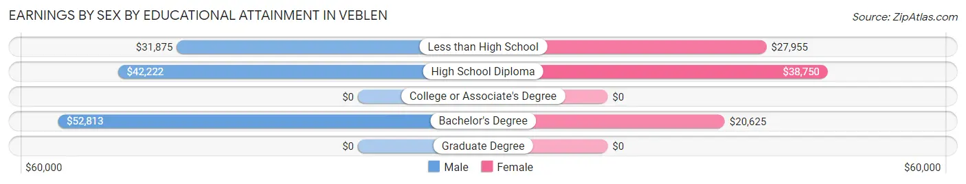 Earnings by Sex by Educational Attainment in Veblen