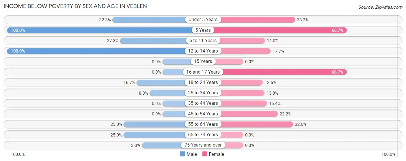 Income Below Poverty by Sex and Age in Veblen