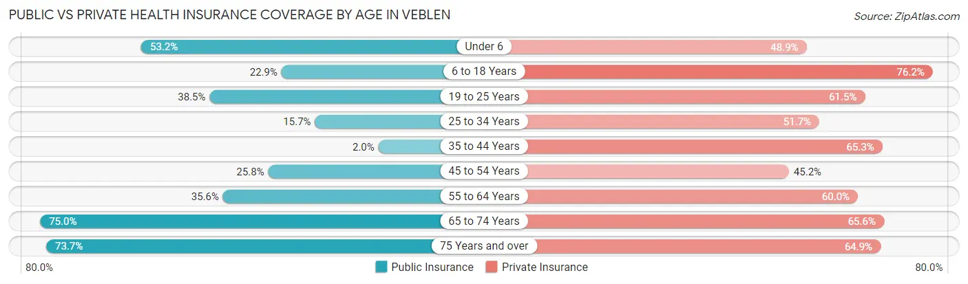 Public vs Private Health Insurance Coverage by Age in Veblen
