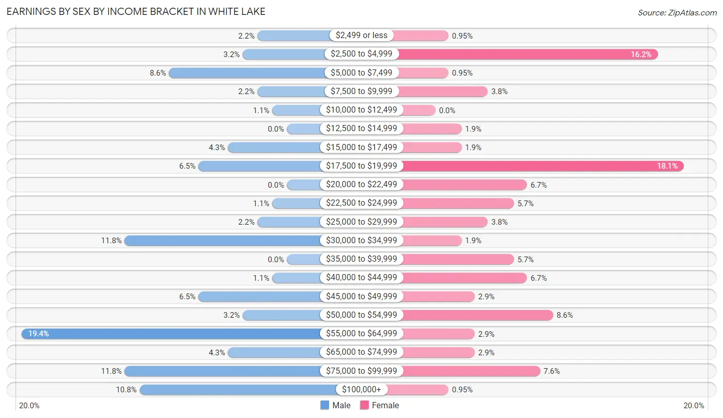 Earnings by Sex by Income Bracket in White Lake