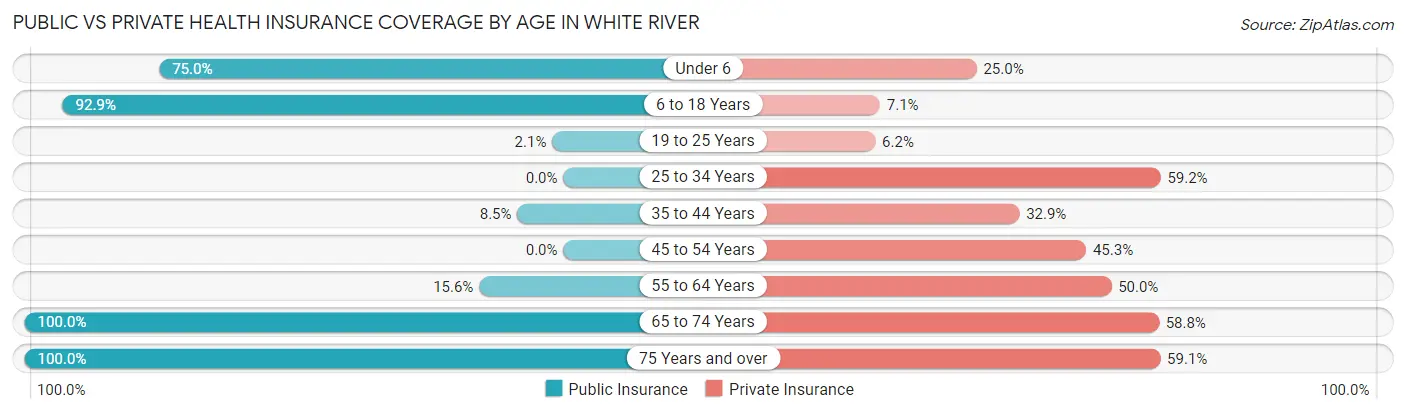 Public vs Private Health Insurance Coverage by Age in White River