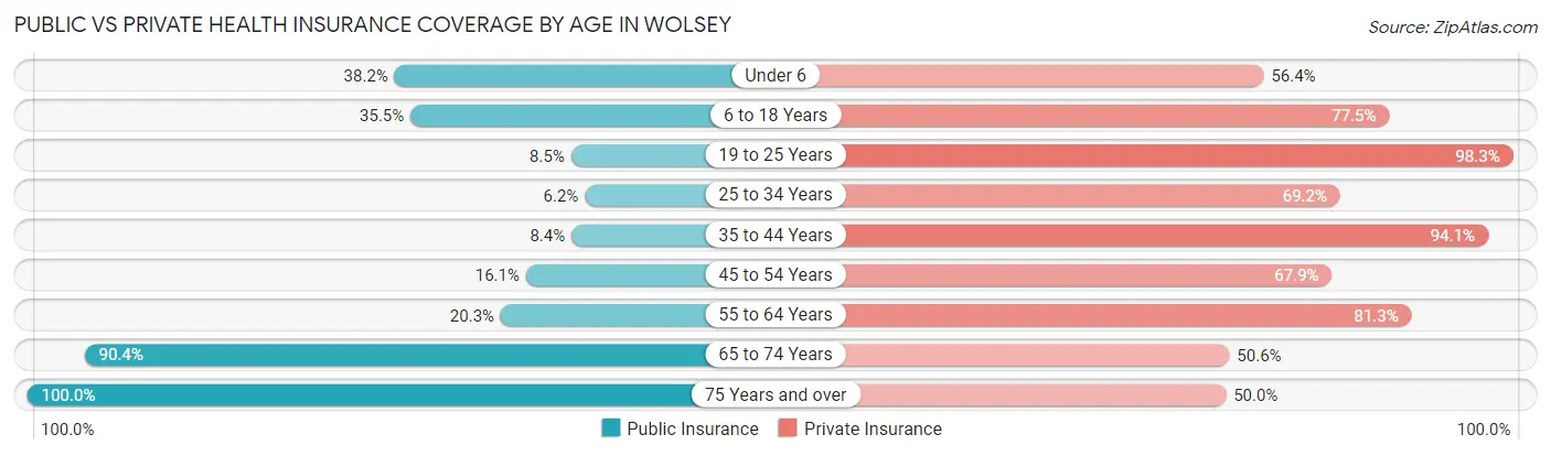 Public vs Private Health Insurance Coverage by Age in Wolsey