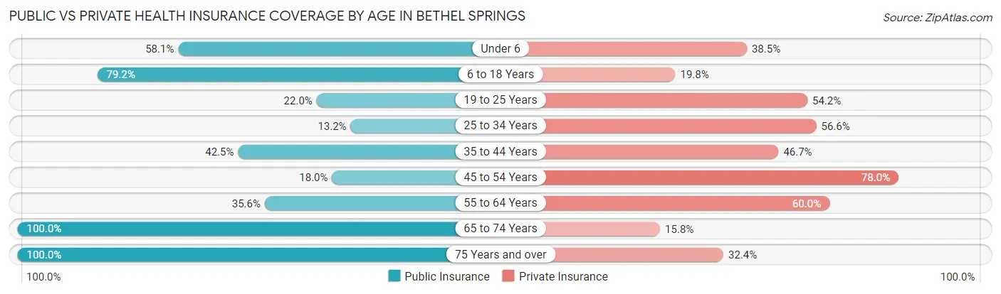 Public vs Private Health Insurance Coverage by Age in Bethel Springs