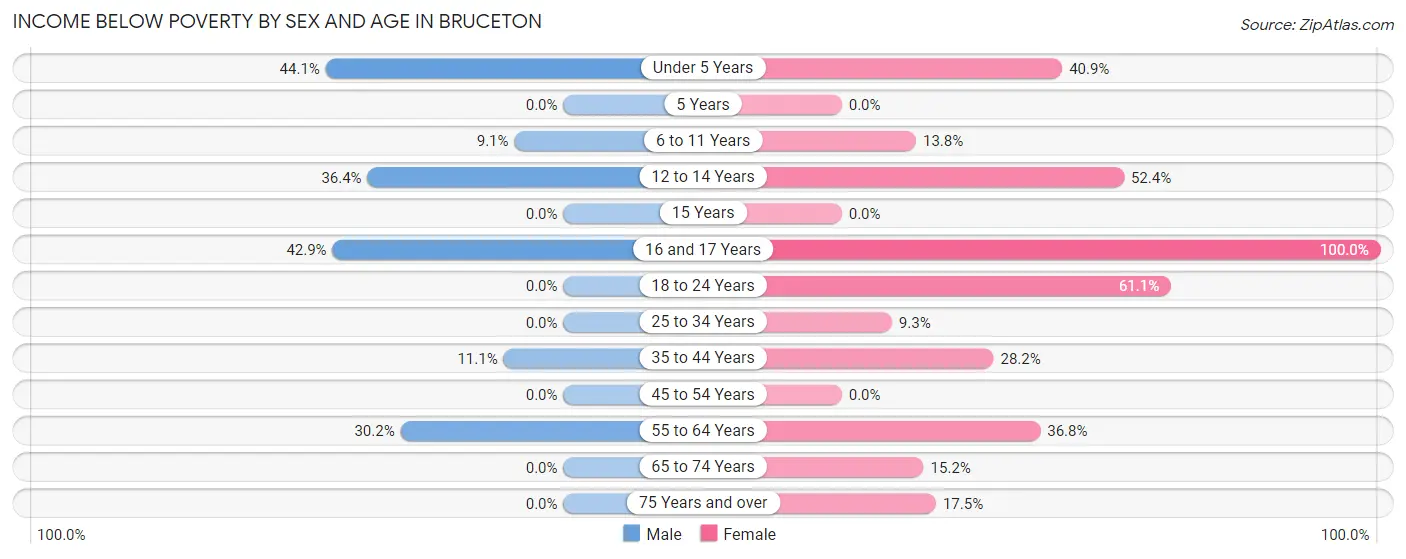 Income Below Poverty by Sex and Age in Bruceton