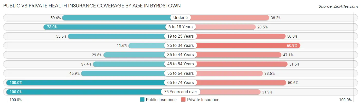 Public vs Private Health Insurance Coverage by Age in Byrdstown