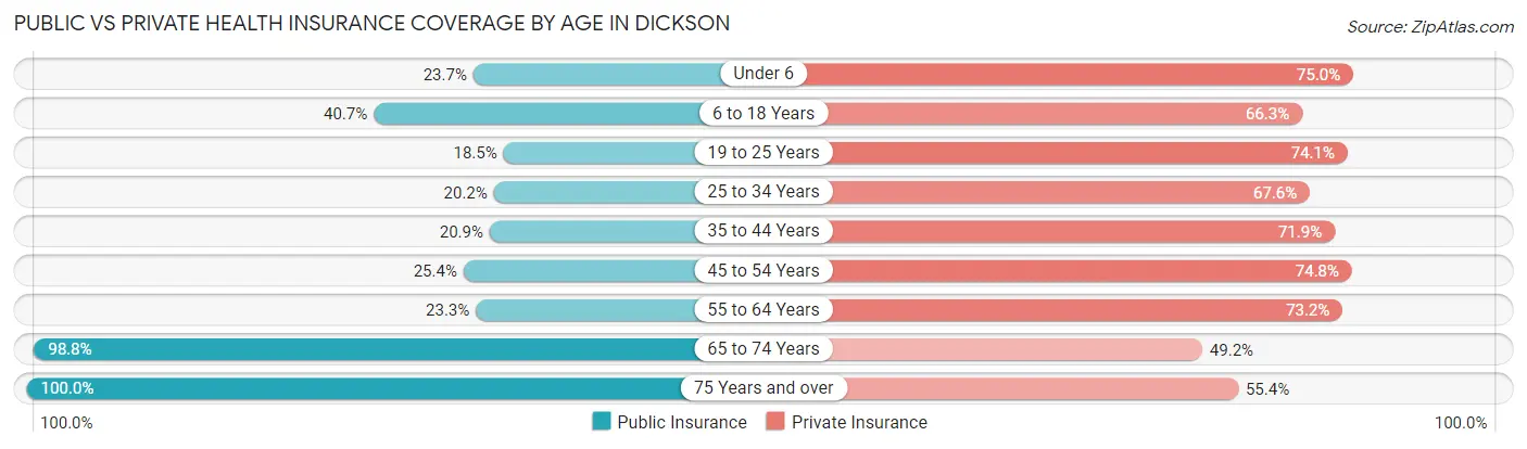 Public vs Private Health Insurance Coverage by Age in Dickson