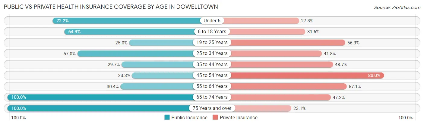 Public vs Private Health Insurance Coverage by Age in Dowelltown
