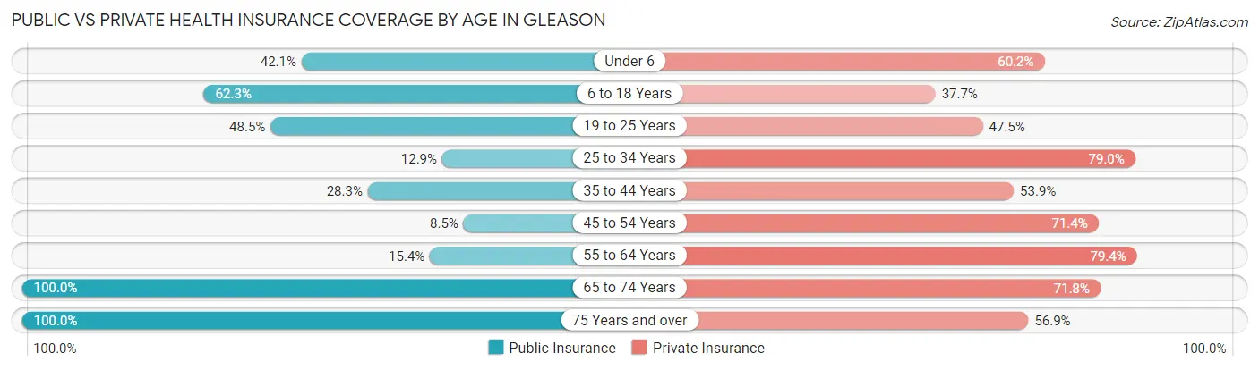 Public vs Private Health Insurance Coverage by Age in Gleason