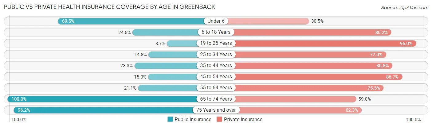 Public vs Private Health Insurance Coverage by Age in Greenback