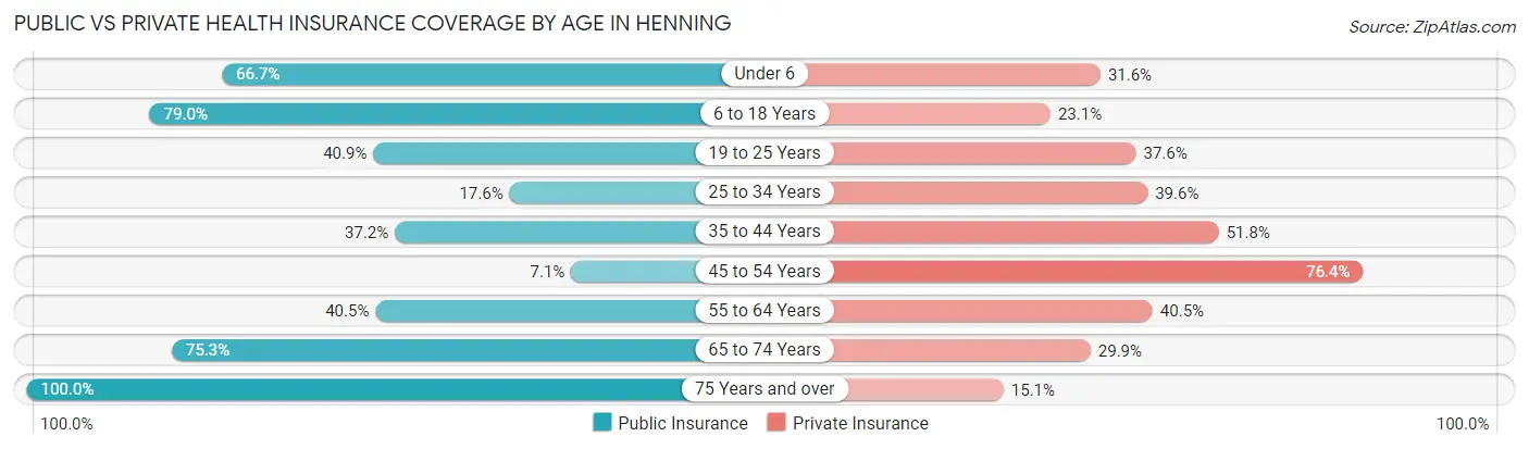 Public vs Private Health Insurance Coverage by Age in Henning