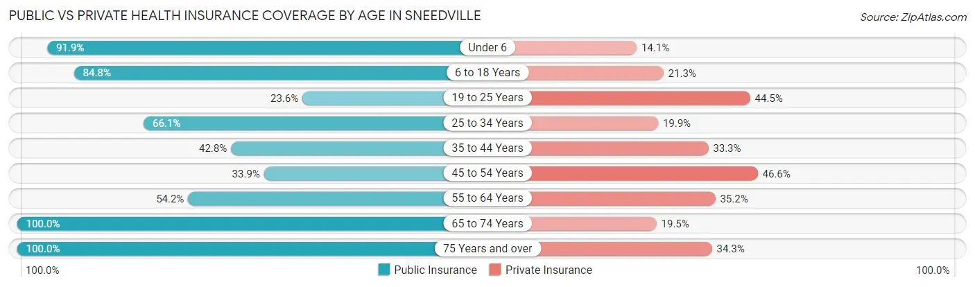 Public vs Private Health Insurance Coverage by Age in Sneedville