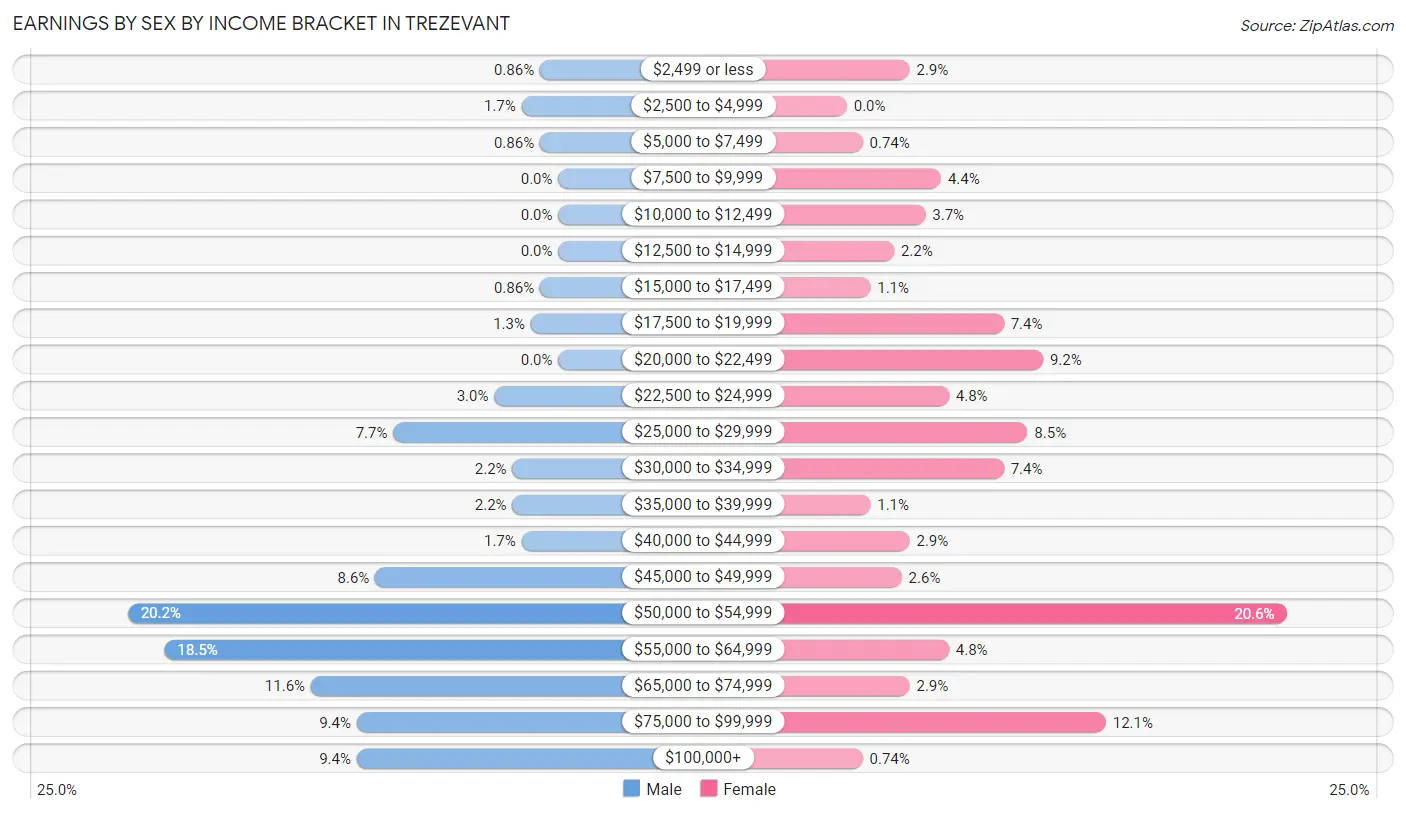 Earnings by Sex by Income Bracket in Trezevant