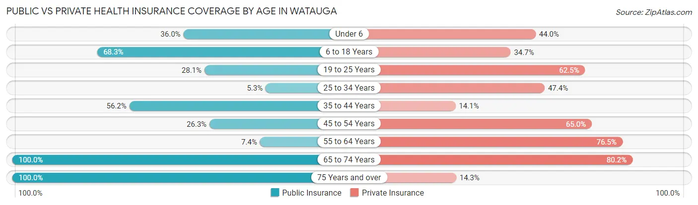 Public vs Private Health Insurance Coverage by Age in Watauga