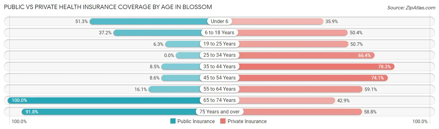 Public vs Private Health Insurance Coverage by Age in Blossom