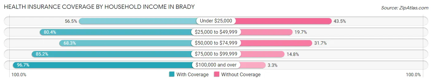 Health Insurance Coverage by Household Income in Brady