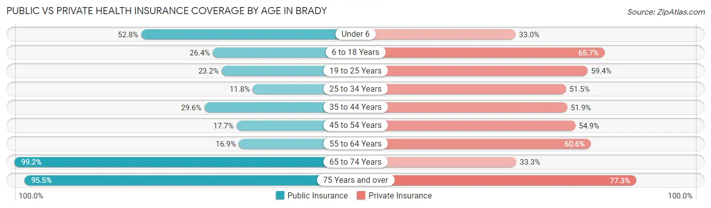 Public vs Private Health Insurance Coverage by Age in Brady