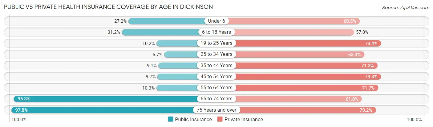 Public vs Private Health Insurance Coverage by Age in Dickinson