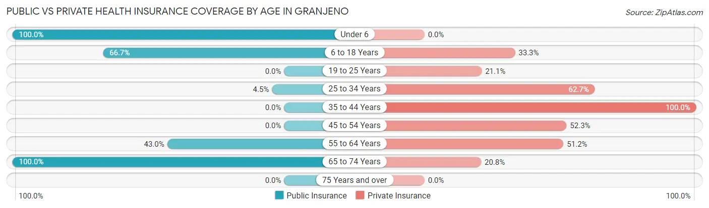 Public vs Private Health Insurance Coverage by Age in Granjeno