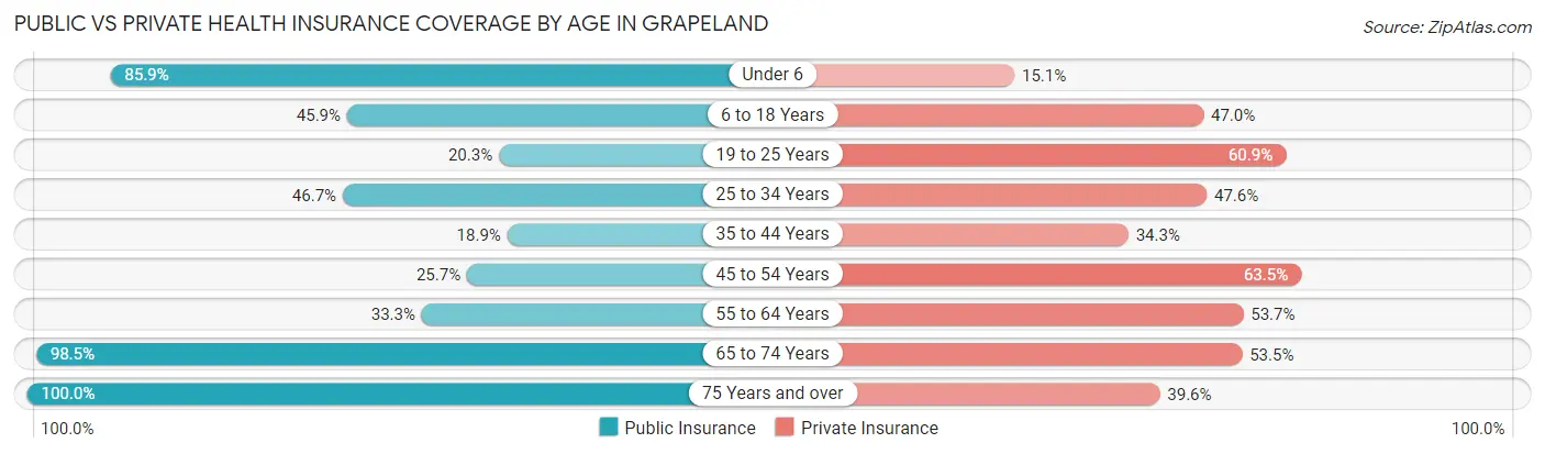 Public vs Private Health Insurance Coverage by Age in Grapeland