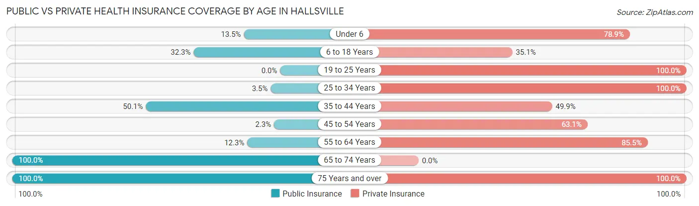 Public vs Private Health Insurance Coverage by Age in Hallsville
