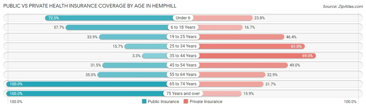 Public vs Private Health Insurance Coverage by Age in Hemphill