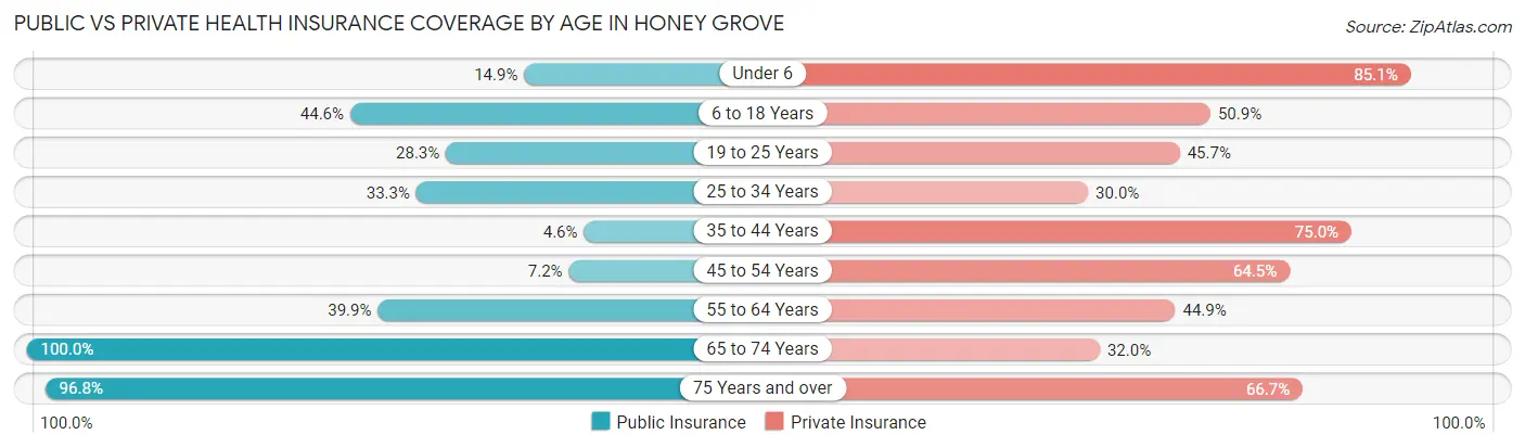 Public vs Private Health Insurance Coverage by Age in Honey Grove