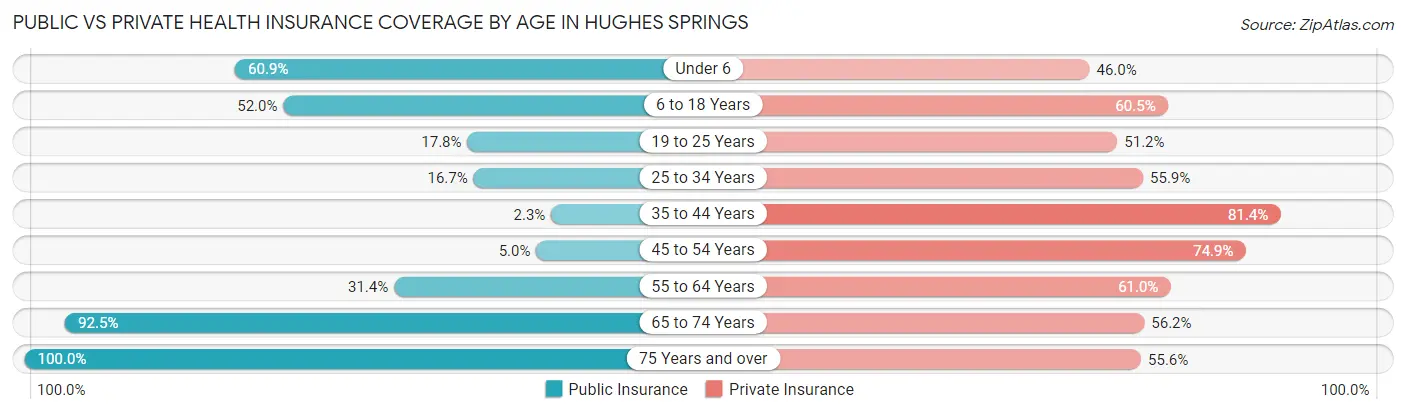 Public vs Private Health Insurance Coverage by Age in Hughes Springs