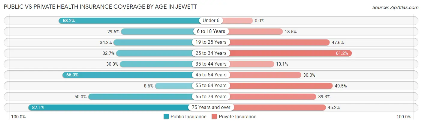 Public vs Private Health Insurance Coverage by Age in Jewett