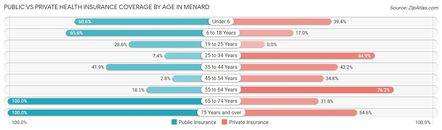 Public vs Private Health Insurance Coverage by Age in Menard