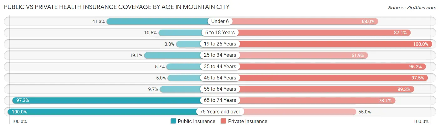 Public vs Private Health Insurance Coverage by Age in Mountain City