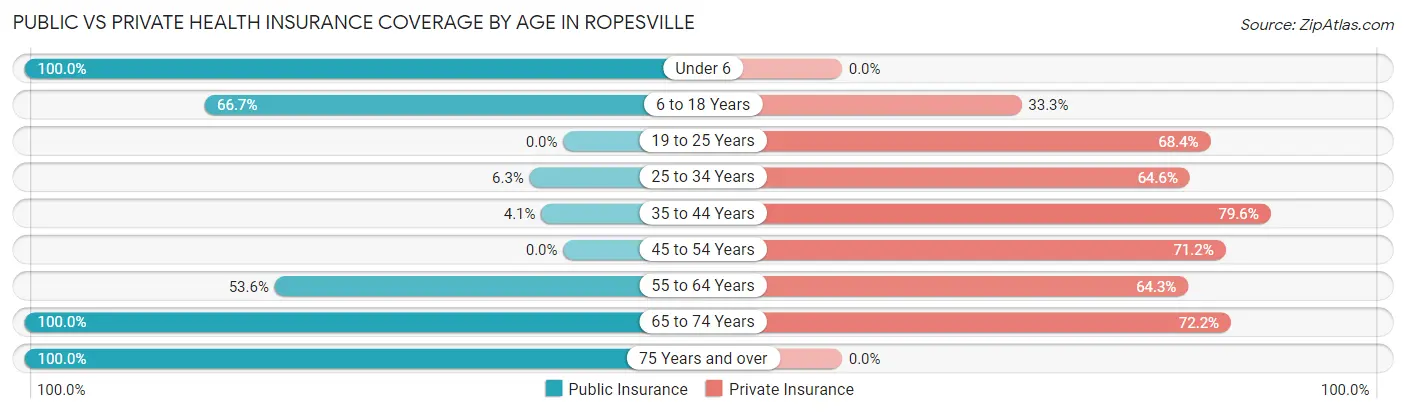 Public vs Private Health Insurance Coverage by Age in Ropesville