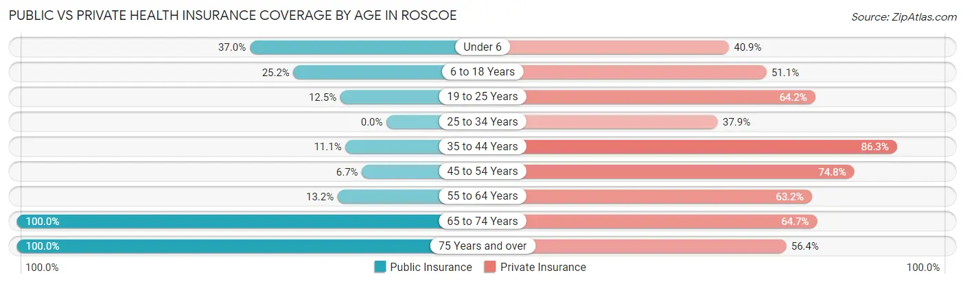 Public vs Private Health Insurance Coverage by Age in Roscoe