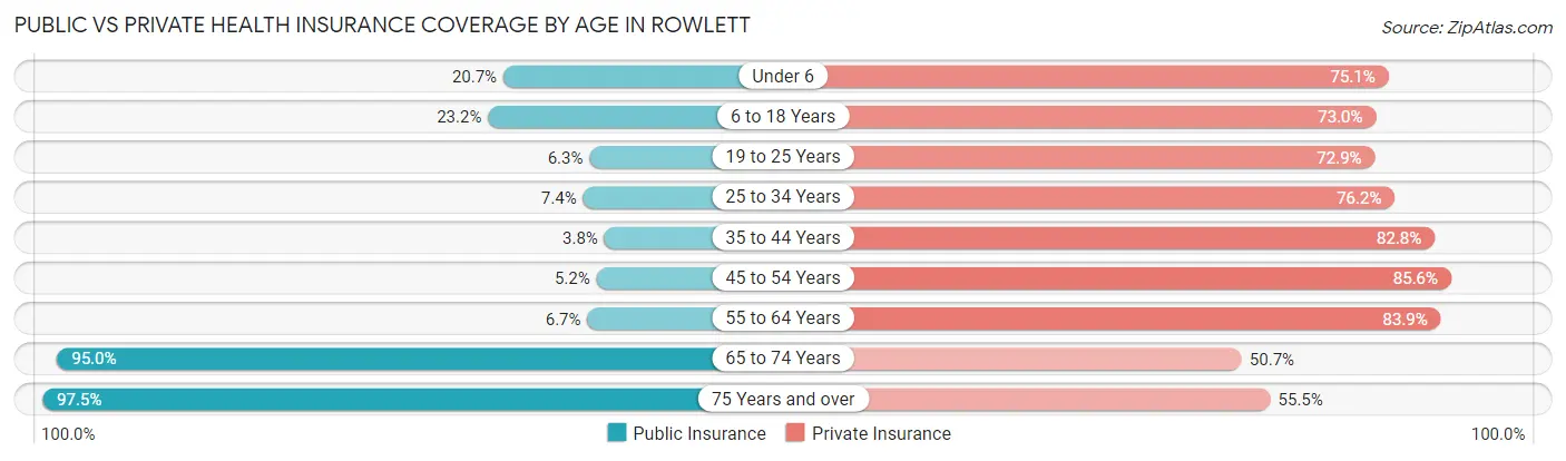 Public vs Private Health Insurance Coverage by Age in Rowlett