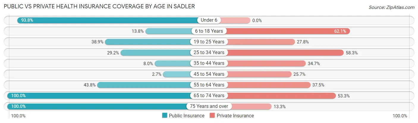 Public vs Private Health Insurance Coverage by Age in Sadler