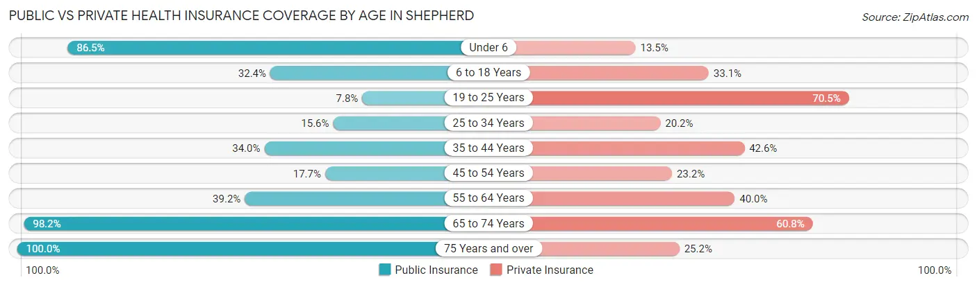 Public vs Private Health Insurance Coverage by Age in Shepherd