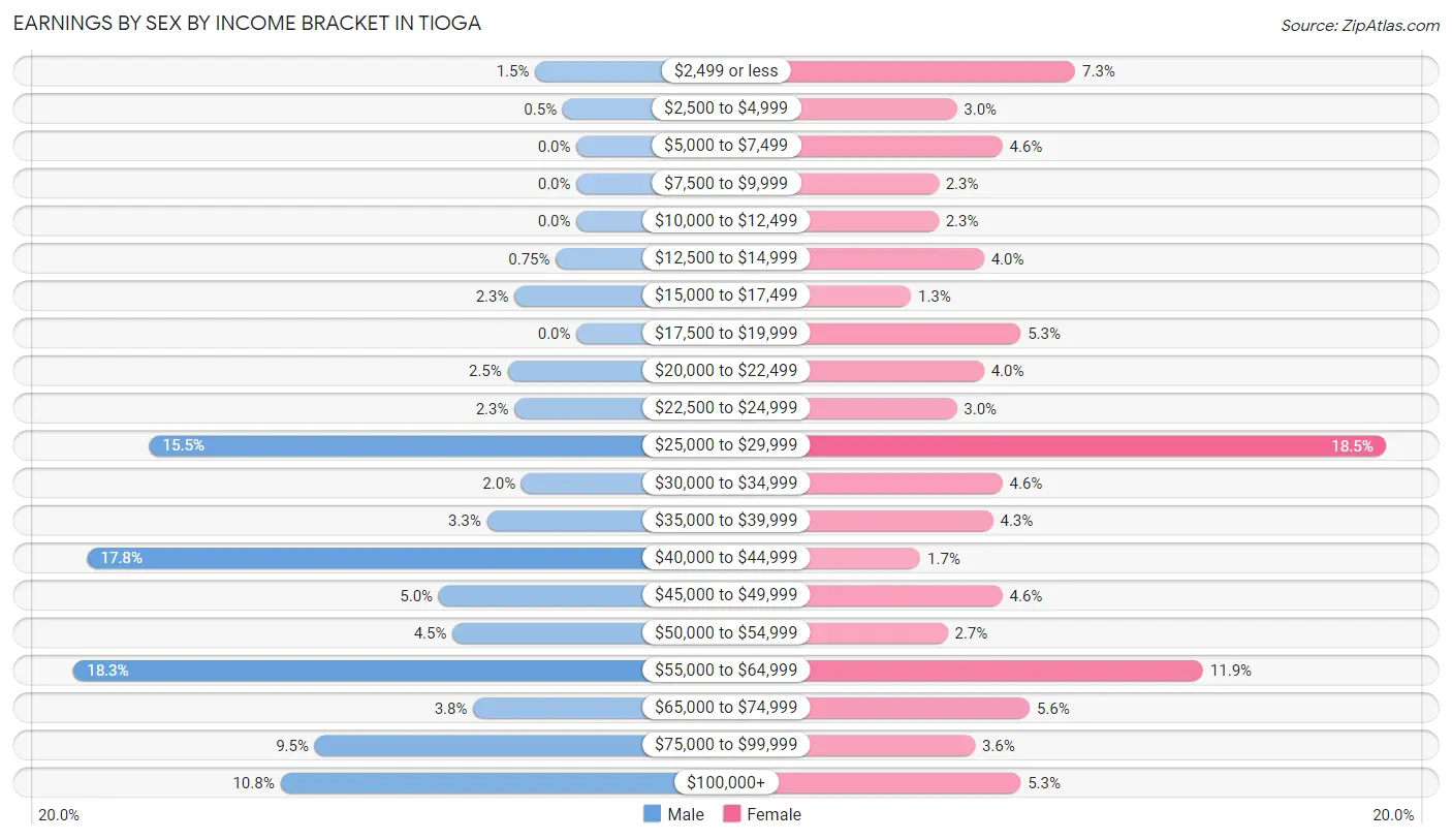Earnings by Sex by Income Bracket in Tioga