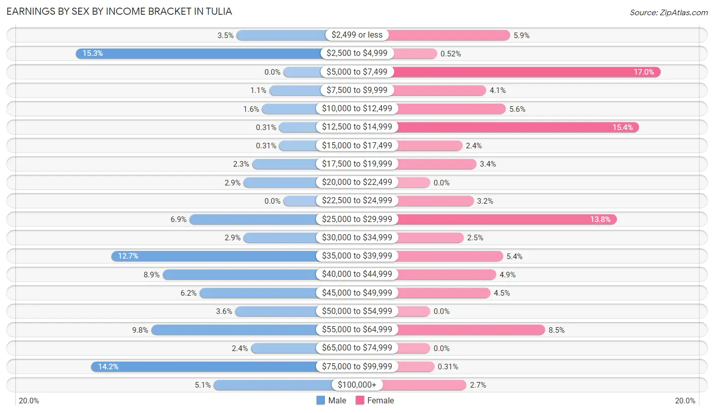 Earnings by Sex by Income Bracket in Tulia