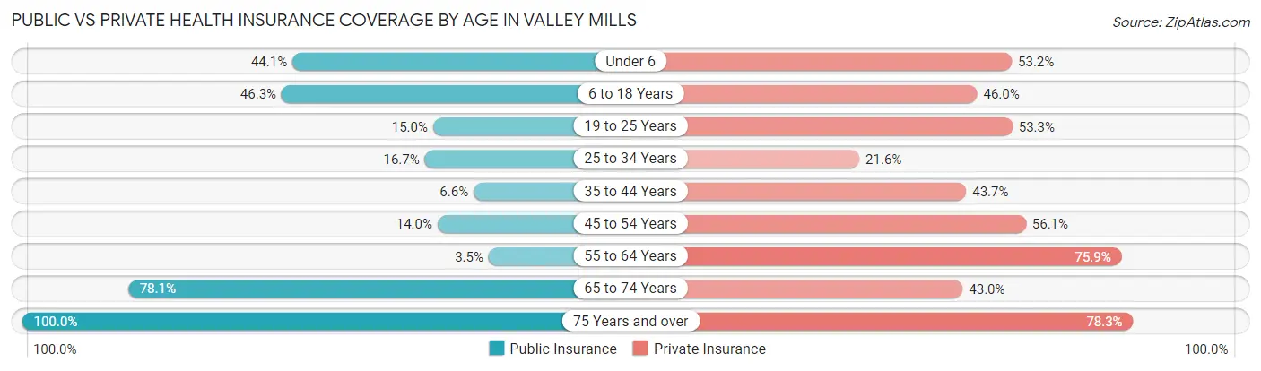 Public vs Private Health Insurance Coverage by Age in Valley Mills