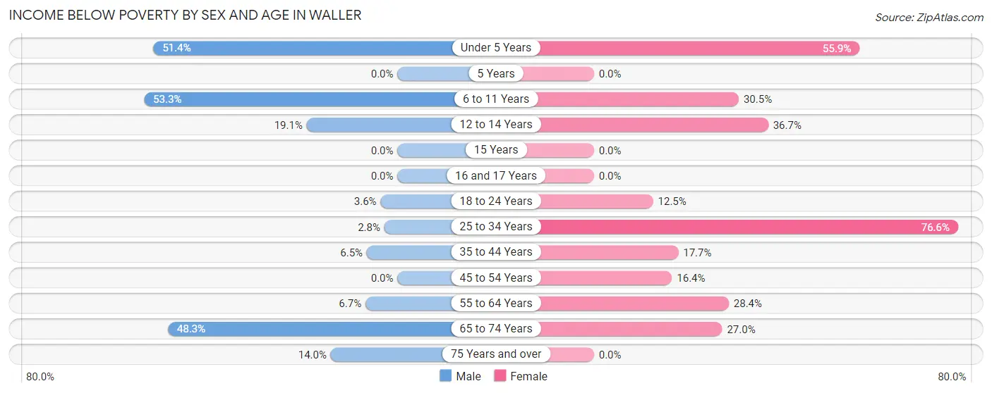 Income Below Poverty by Sex and Age in Waller