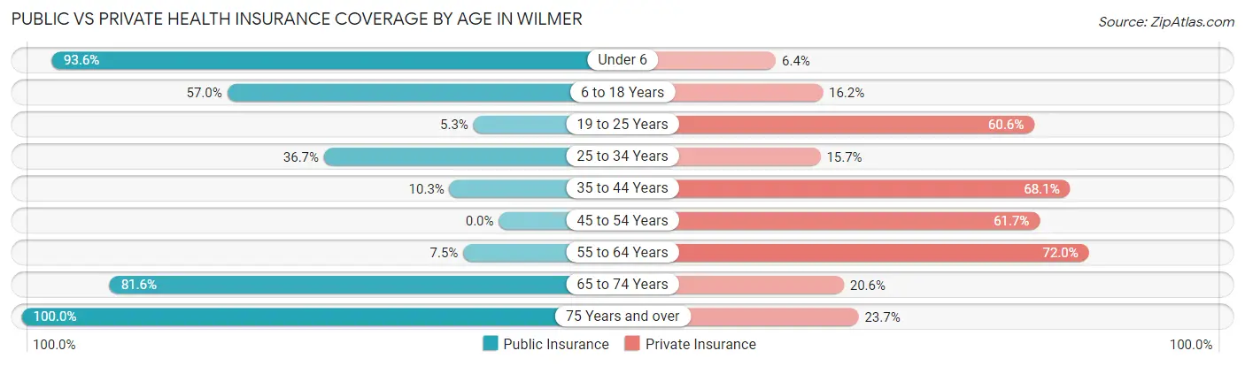 Public vs Private Health Insurance Coverage by Age in Wilmer