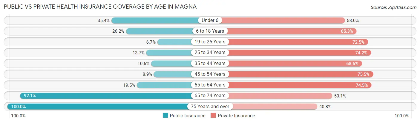 Public vs Private Health Insurance Coverage by Age in Magna