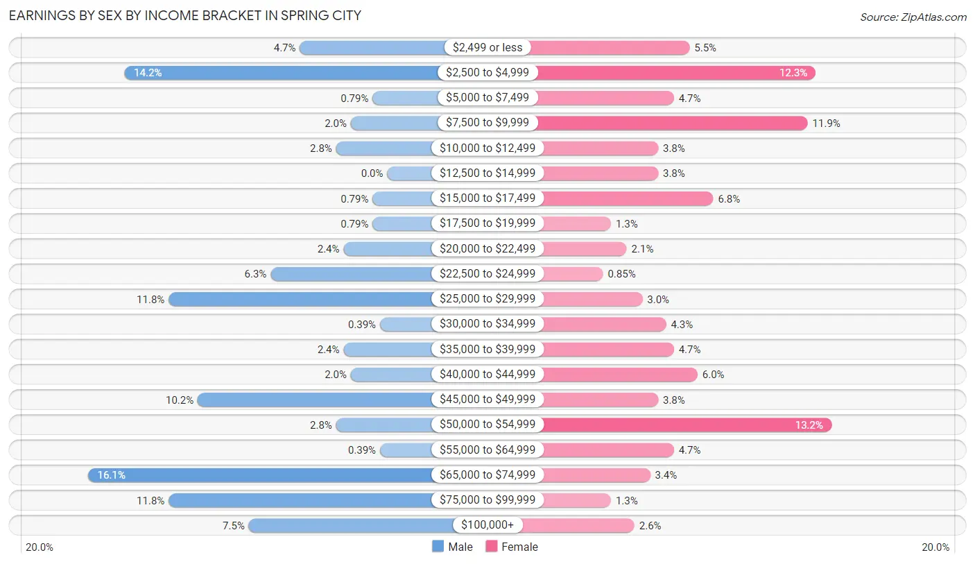 Earnings by Sex by Income Bracket in Spring City