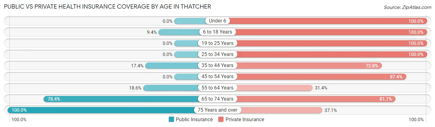 Public vs Private Health Insurance Coverage by Age in Thatcher
