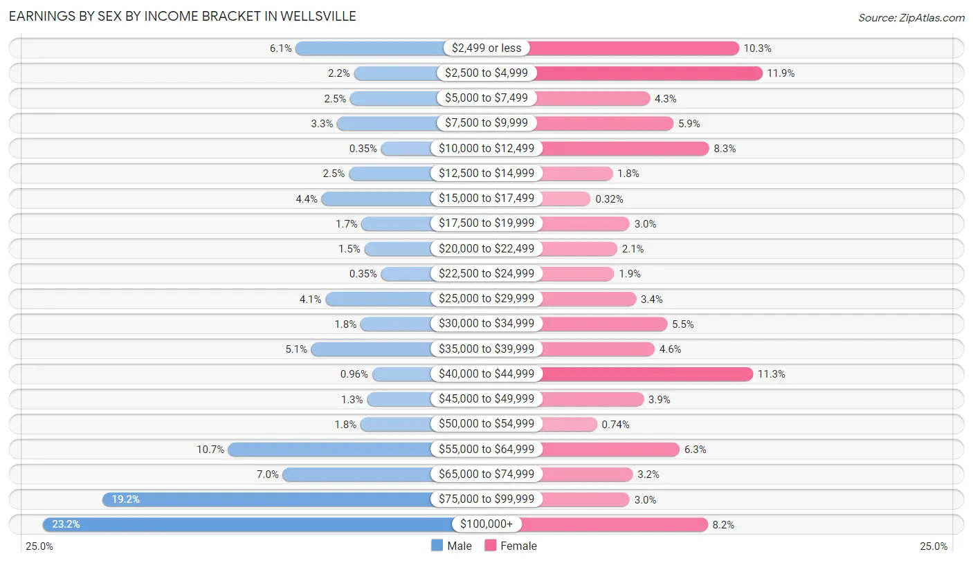 Earnings by Sex by Income Bracket in Wellsville